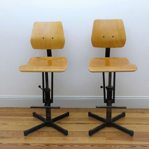 Pair of industrial high chairs in beech and metal - 1960s