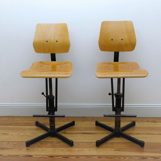 Image 1 of Pair of industrial high chairs in beech and metal - 1960s