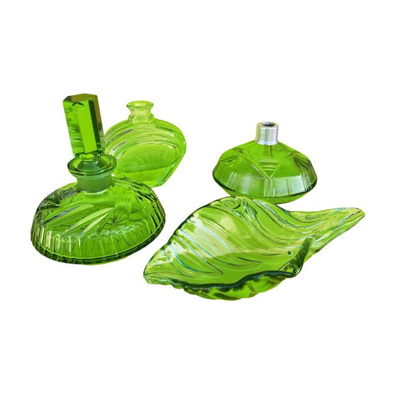Image 1 of Vintage Art Deco floral glass bathroom toilet set, Germany 1930