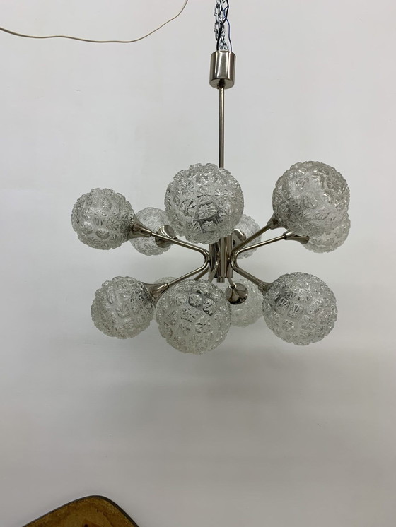 Image 1 of Mid-century Design Large Glass Chandelier Hanging Lamp - 1970s