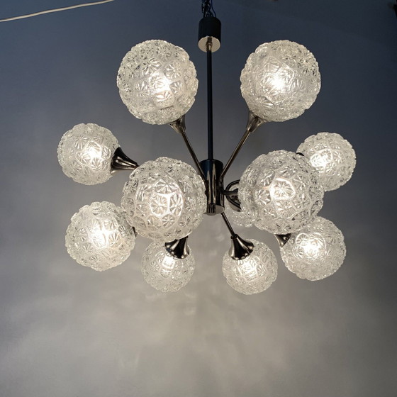 Image 1 of Mid-century Design Large Glass Chandelier Hanging Lamp - 1970s