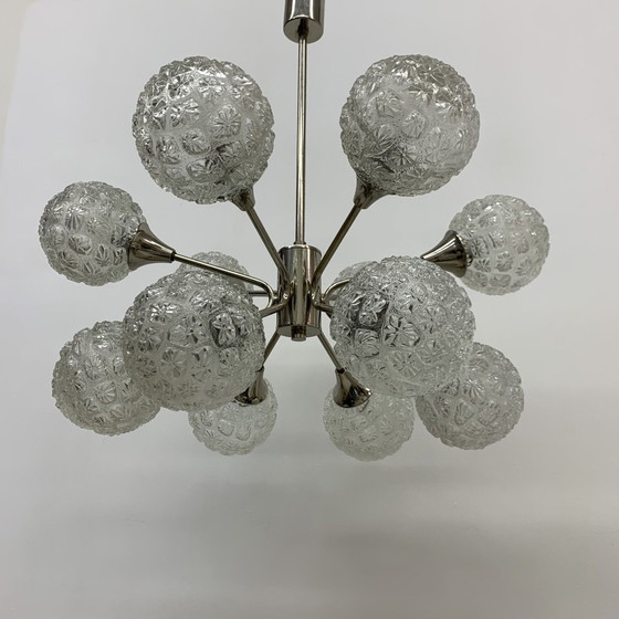 Image 1 of Mid-century Design Large Glass Chandelier Hanging Lamp - 1970s