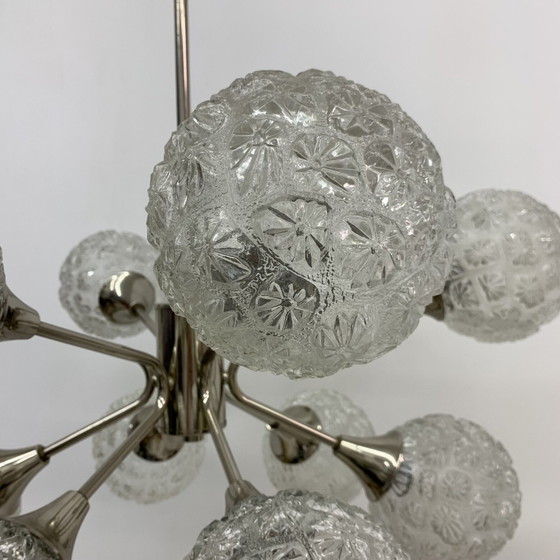 Image 1 of Mid-century Design Large Glass Chandelier Hanging Lamp - 1970s