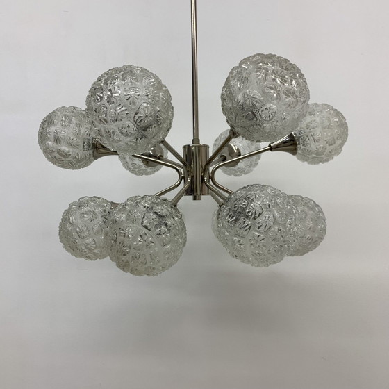 Image 1 of Mid-century Design Large Glass Chandelier Hanging Lamp - 1970s