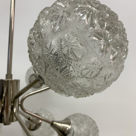 Image 1 of Mid-century Design Large Glass Chandelier Hanging Lamp - 1970s