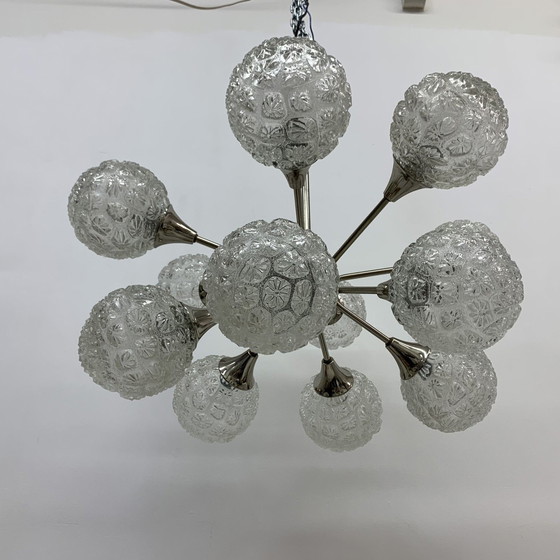 Image 1 of Mid-century Design Large Glass Chandelier Hanging Lamp - 1970s