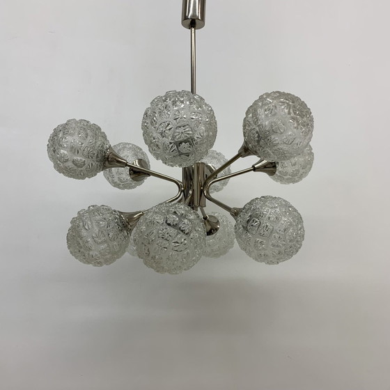 Image 1 of Mid-century Design Large Glass Chandelier Hanging Lamp - 1970s