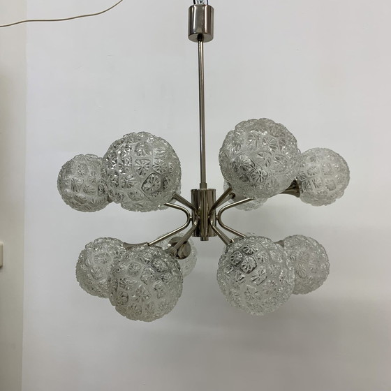 Image 1 of Mid-century Design Large Glass Chandelier Hanging Lamp - 1970s