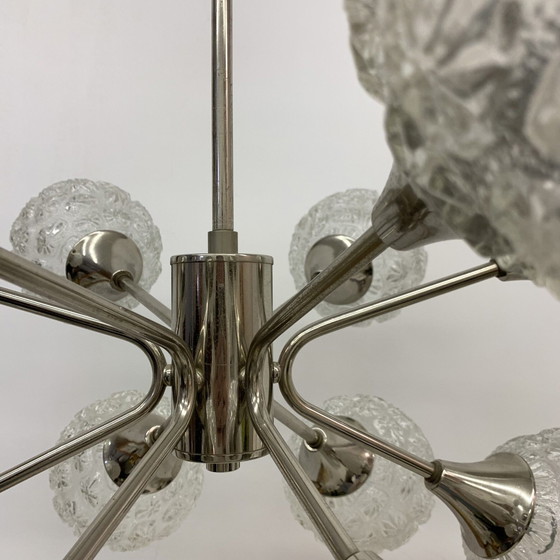 Image 1 of Mid-century Design Large Glass Chandelier Hanging Lamp - 1970s