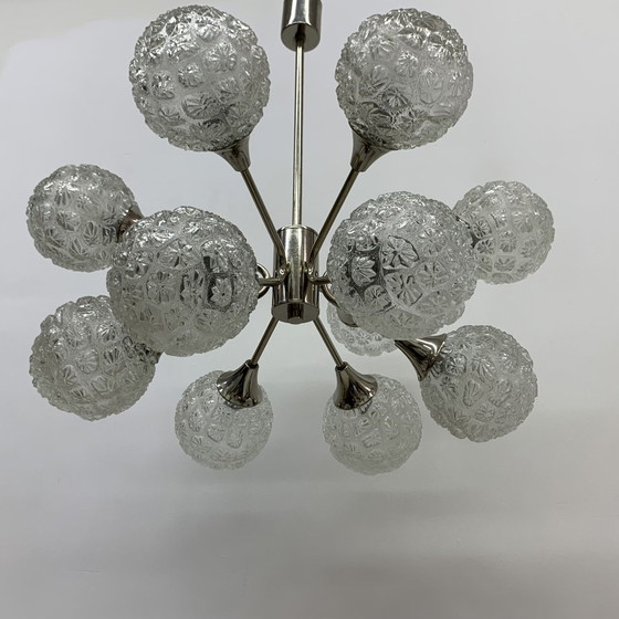 Image 1 of Mid-century Design Large Glass Chandelier Hanging Lamp - 1970s