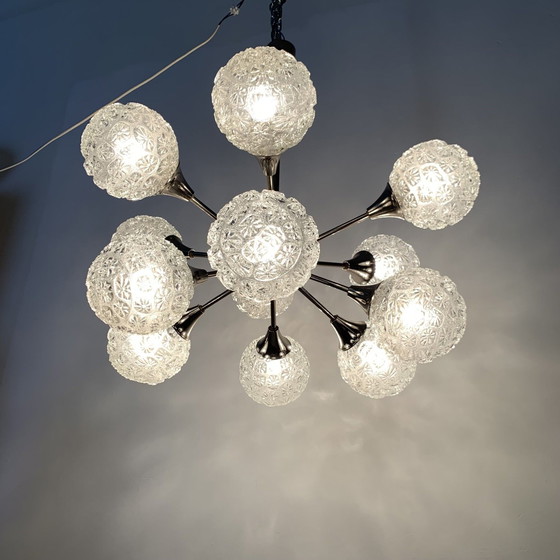 Image 1 of Mid-century Design Large Glass Chandelier Hanging Lamp - 1970s