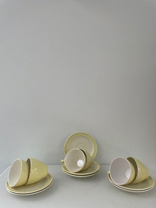 6X Cups And Saucers Petrus Regout Porcelain Light Lemon Yellow/White