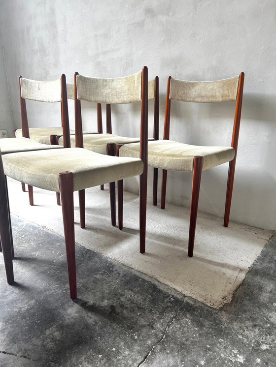 Image 1 of Ensemble de 6 chaises de salle à manger en bois de rose et tissu par Lübke