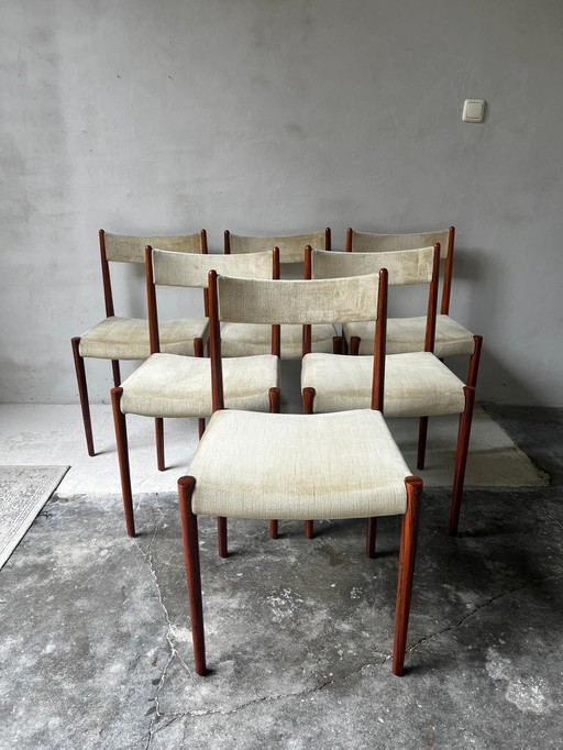 Ensemble de 6 chaises de salle à manger en bois de rose et tissu par Lübke