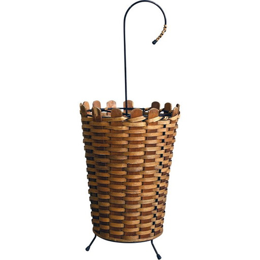 Vintage umbrella stand in rattan and black lacquered metal, 1950
