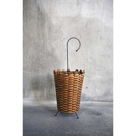 Image 1 of Vintage umbrella stand in rattan and black lacquered metal, 1950