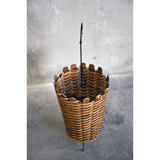 Image 1 of Vintage umbrella stand in rattan and black lacquered metal, 1950