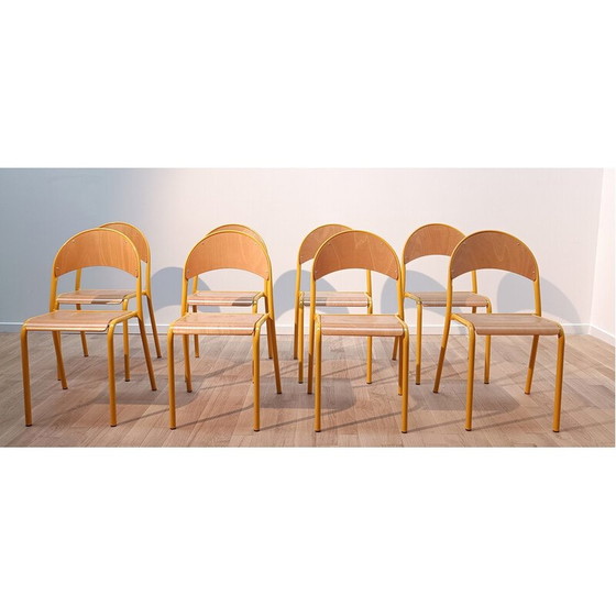 Image 1 of Sedia da scuola vintage in legno e acciaio tinto di giallo