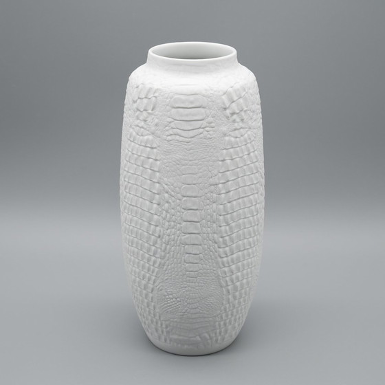 Image 1 of Manfred Frey Ak Kaiser Bisque Porcelain Vase Fossil Crocodile Relief Op Art Duo