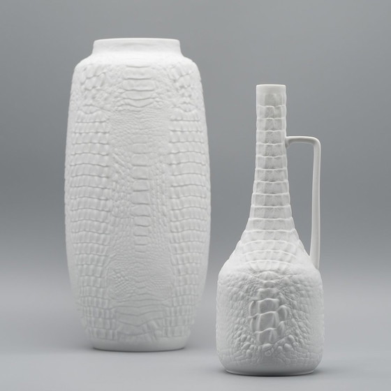 Image 1 of Manfred Frey Ak Kaiser Bisque Porcelain Vase Fossil Crocodile Relief Op Art Duo