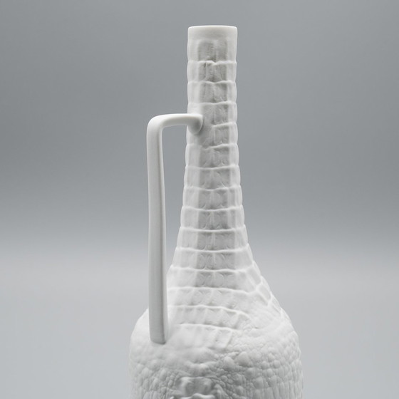 Image 1 of Manfred Frey Ak Kaiser Bisque Porcelain Vase Fossil Crocodile Relief Op Art Duo