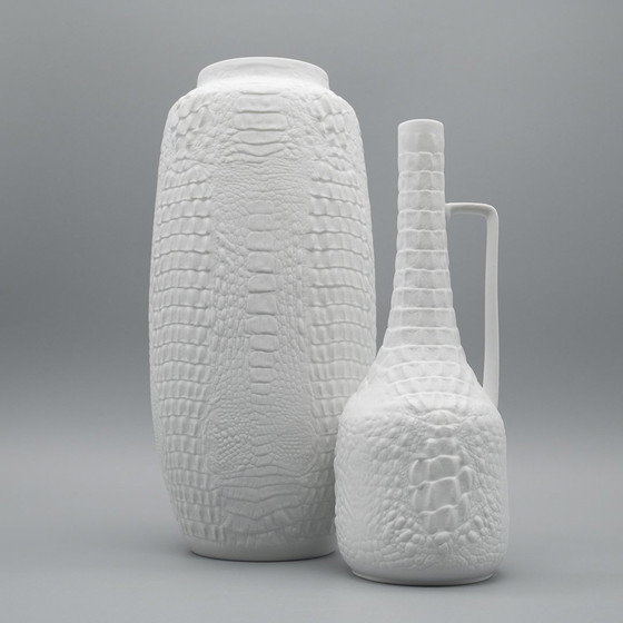 Image 1 of Manfred Frey Ak Kaiser Bisque Porcelain Vase Fossil Crocodile Relief Op Art Duo