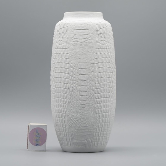 Image 1 of Manfred Frey Ak Kaiser Bisque Porcelain Vase Fossil Crocodile Relief Op Art Duo