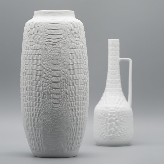 Image 1 of Manfred Frey Ak Kaiser Bisque Porcelain Vase Fossil Crocodile Relief Op Art Duo