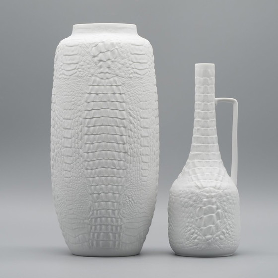 Image 1 of Manfred Frey Ak Kaiser Bisque Porcelain Vase Fossil Crocodile Relief Op Art Duo