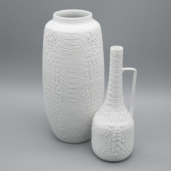 Image 1 of Manfred Frey Ak Kaiser Bisque Porcelain Vase Fossil Crocodile Relief Op Art Duo