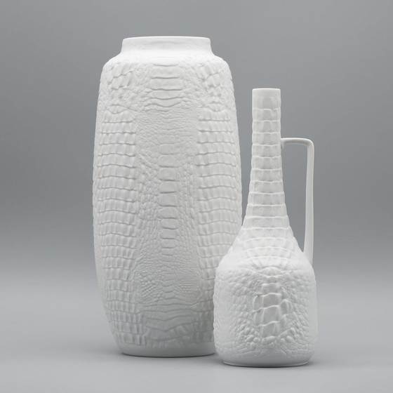 Image 1 of Manfred Frey Ak Kaiser Bisque Porcelain Vase Fossil Crocodile Relief Op Art Duo