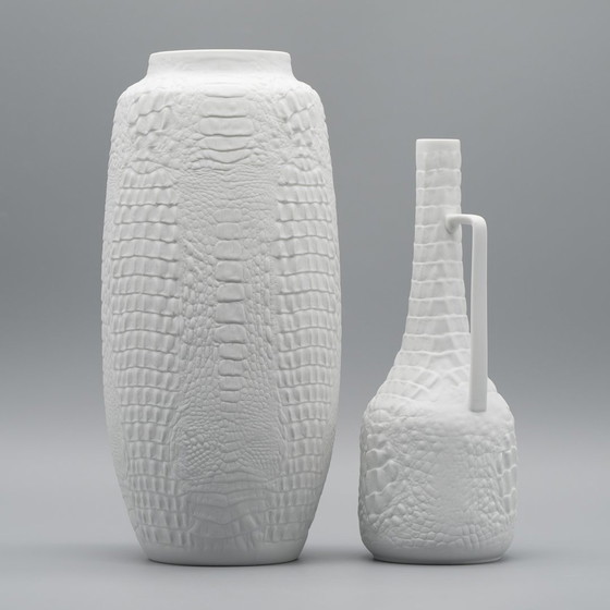 Image 1 of Manfred Frey Ak Kaiser Bisque Porcelain Vase Fossil Crocodile Relief Op Art Duo