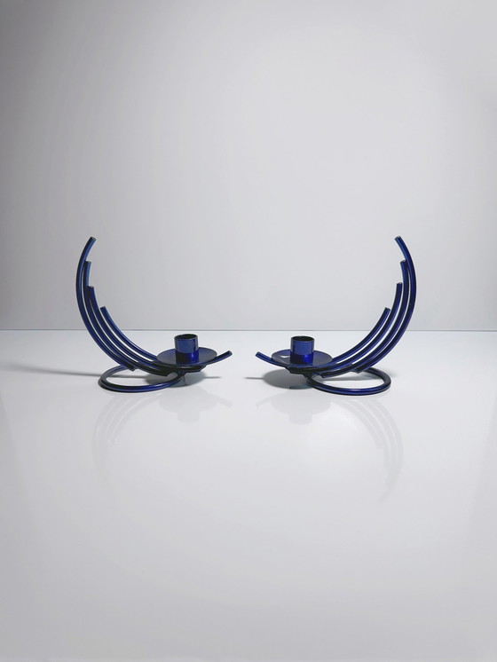 Image 1 of 2x Vintage Art Deco Revival Candlestick Metal Blue 80s