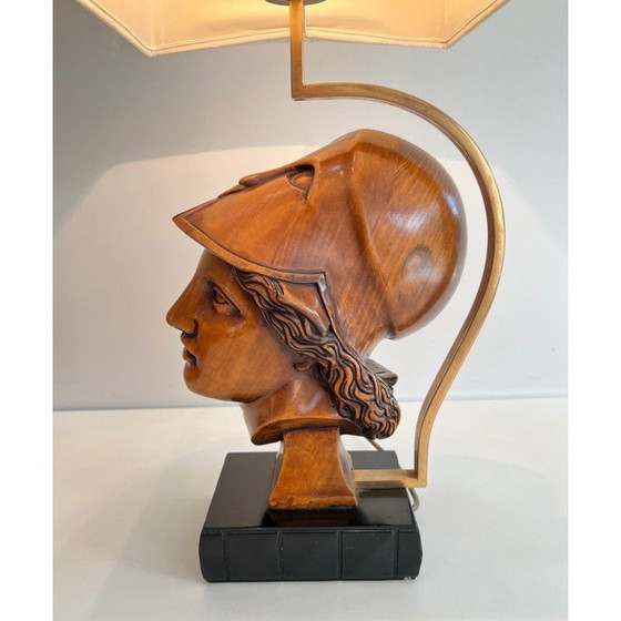 Image 1 of Coppia di lampade d'epoca in noce raffiguranti volti di soldati con elmo, Italia 197