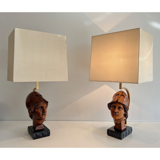 Image 1 of Coppia di lampade d'epoca in noce raffiguranti volti di soldati con elmo, Italia 197