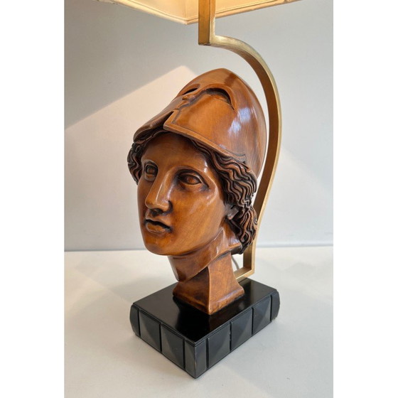 Image 1 of Coppia di lampade d'epoca in noce raffiguranti volti di soldati con elmo, Italia 197