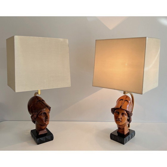 Image 1 of Coppia di lampade d'epoca in noce raffiguranti volti di soldati con elmo, Italia 197