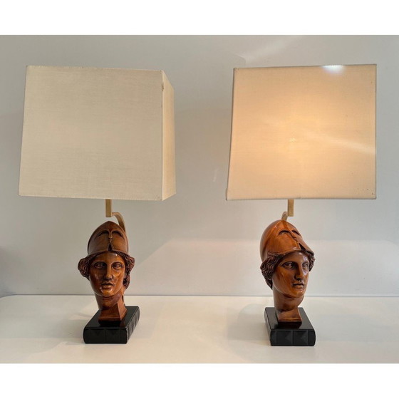 Image 1 of Coppia di lampade d'epoca in noce raffiguranti volti di soldati con elmo, Italia 197