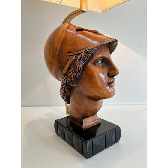 Image 1 of Coppia di lampade d'epoca in noce raffiguranti volti di soldati con elmo, Italia 197