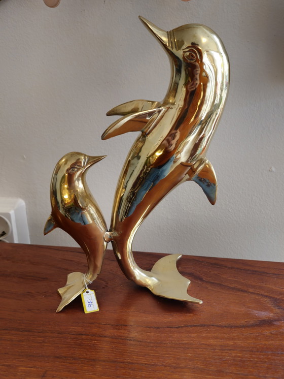 Image 1 of Vintage Brass Dolphin Statue Figurine 1970s.