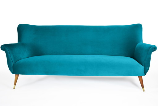 Elegant Three-Seater Velvet Sofa, 60s, Turquoise, Restored