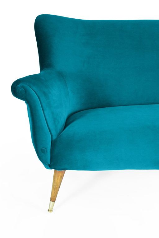 Elegant Three-Seater Velvet Sofa, 60s, Turquoise, Restored