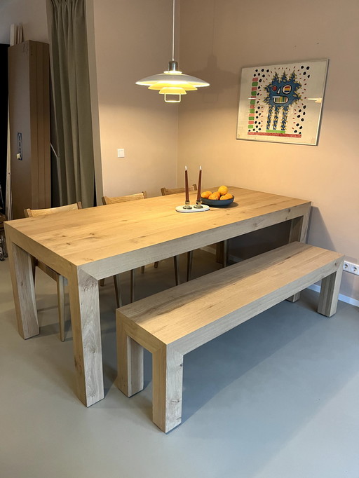 Solid Oak Wooden Dining Table With Matching Bench