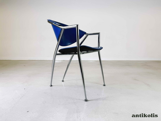 Image 1 of Set of 4 Calligaris chairs leather blue Italy 1990