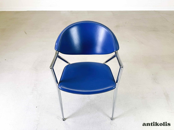 Image 1 of Set de 4 chaises Calligaris cuir bleu Italie 1990