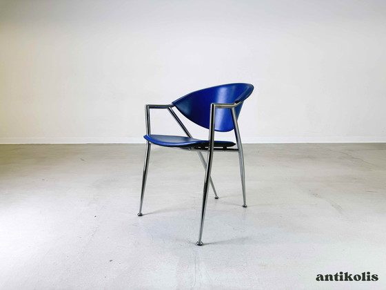 Image 1 of Set de 4 chaises Calligaris cuir bleu Italie 1990