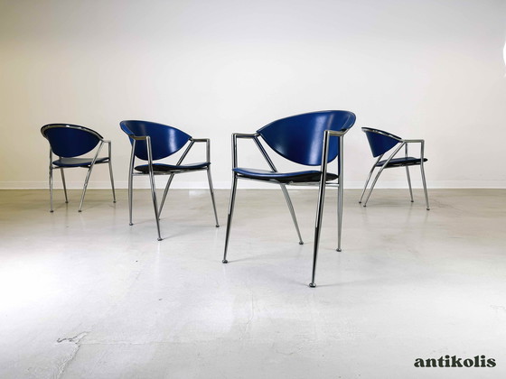 Image 1 of Set de 4 chaises Calligaris cuir bleu Italie 1990