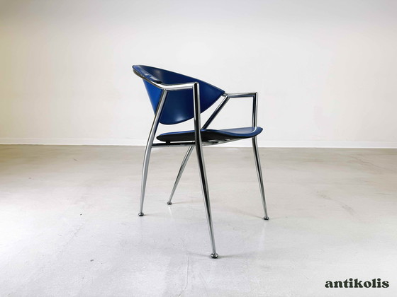 Image 1 of Set de 4 chaises Calligaris cuir bleu Italie 1990