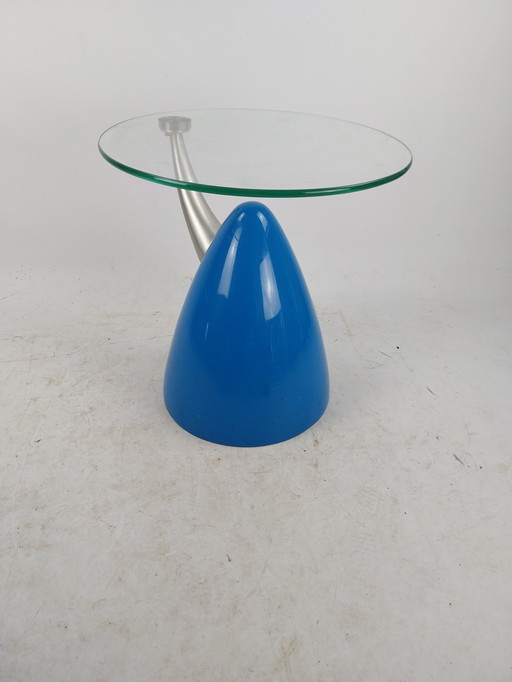 1 x table d'appoint en plastique bleu et verre 1980