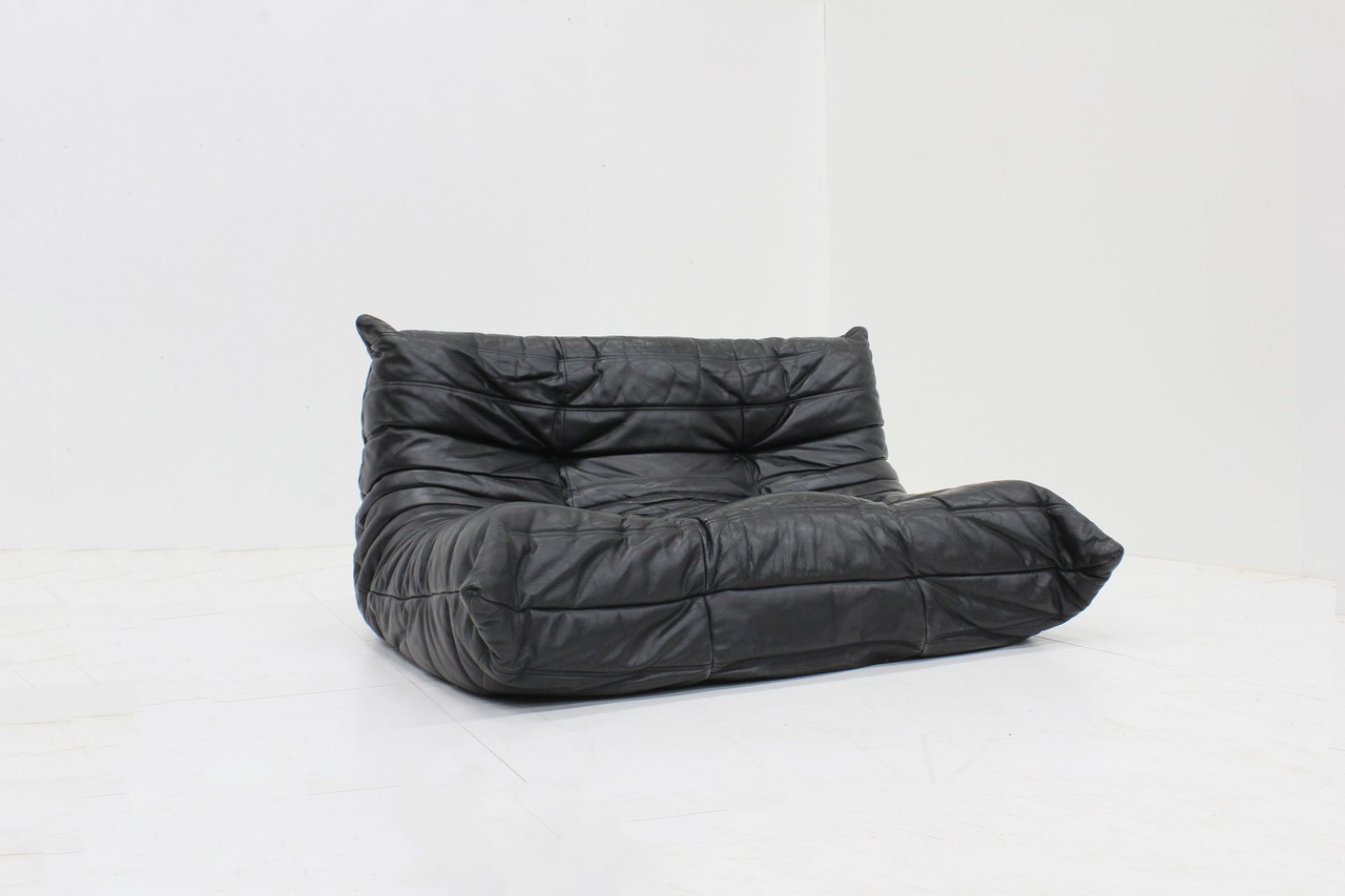Original Vintage Ligne Roset black leather Togo 2 seater sofa 1990